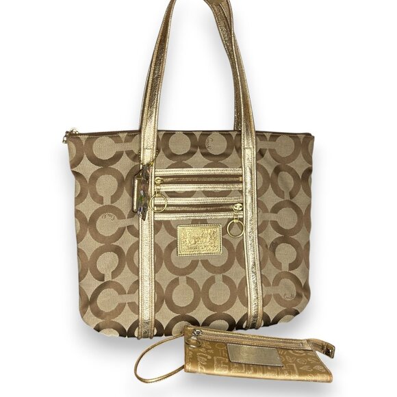 Coach Signature Metallic Gold Tote Bag Bonus w Wristlet Brown Jacquard Purse Y2K - Picture 1 of 13